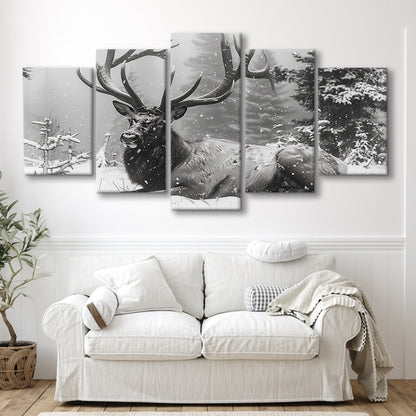White snow and Elk With Antlers Winter Art, Canvas Art Decor Print, Painting Art, Mixed Panels Canvas Print Wall Art