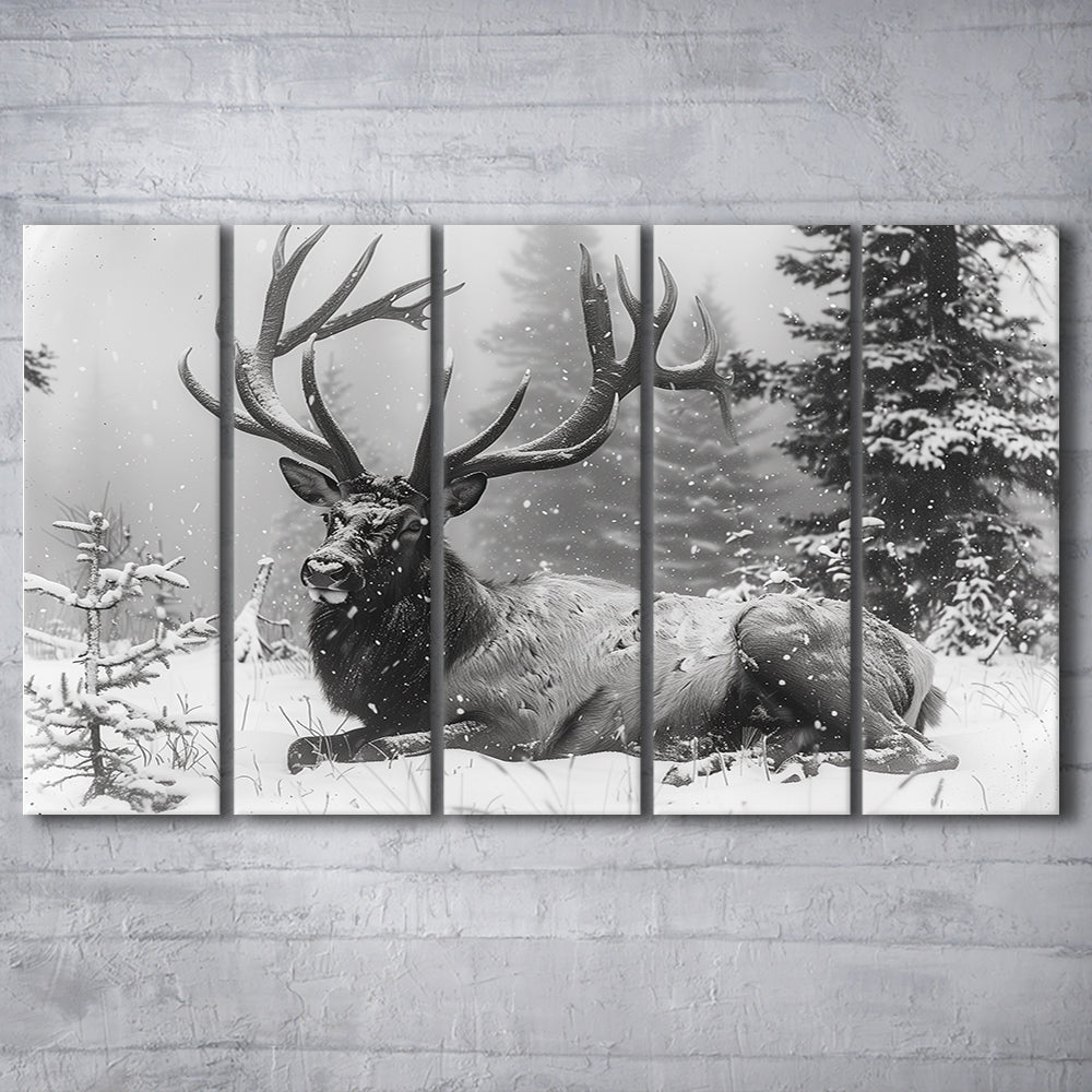 White snow and Elk With Antlers Winter Art, Canvas Art Print, Painting Art, Multi Panels Canvas Print Wall Art