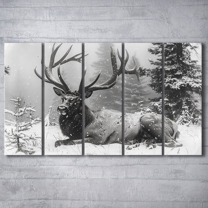 White snow and Elk With Antlers Winter Art, Canvas Art Print, Painting Art, Multi Panels Canvas Print Wall Art