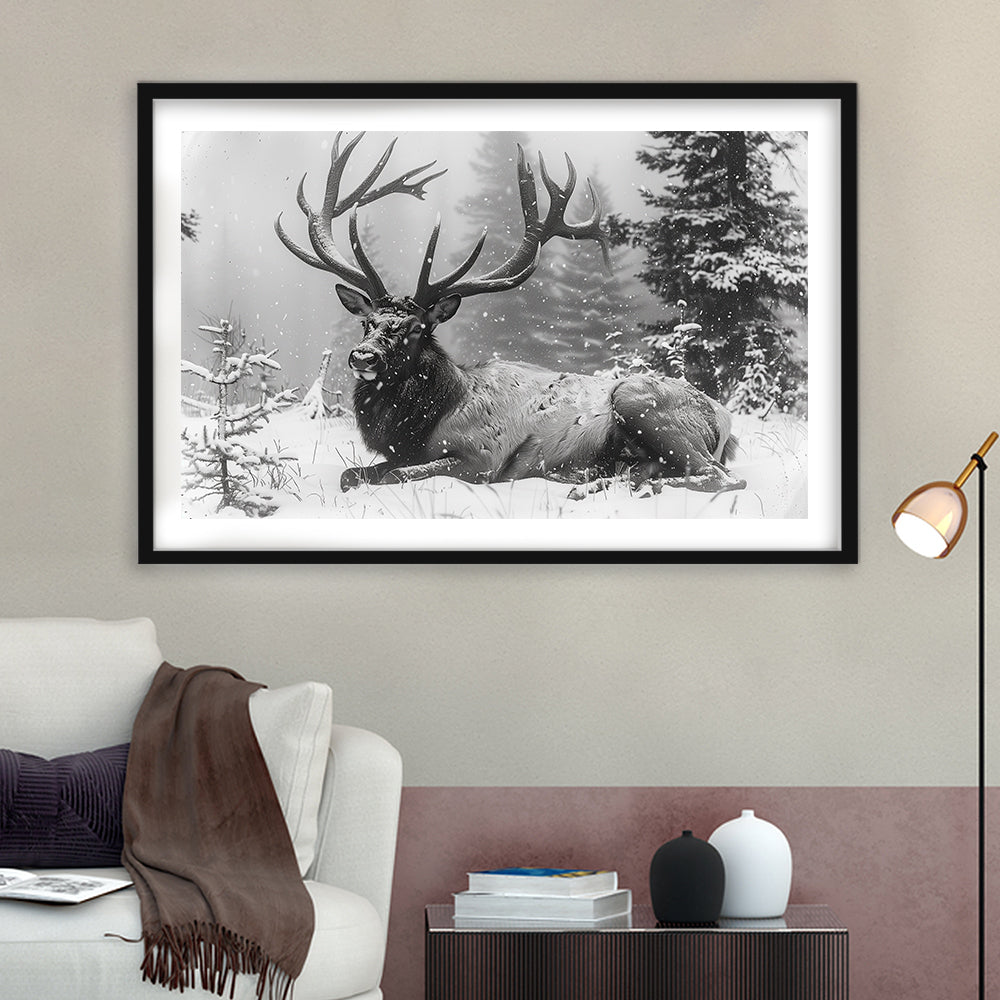 White snow and Elk With Antlers Winter Art, Framed  Print, Painting Art, Framed Art Print White Border Wall Decor