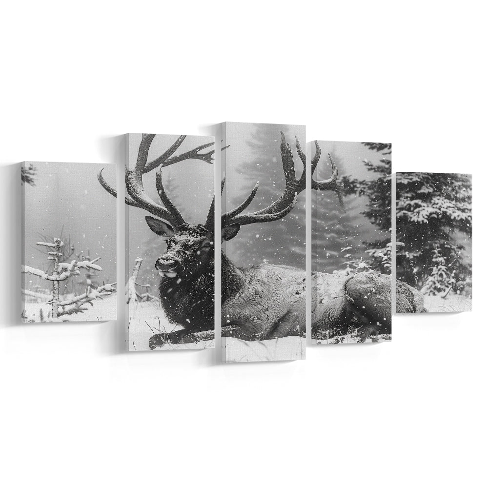 White snow and Elk With Antlers Winter Art, Canvas Art Decor Print, Painting Art, Mixed Panels Canvas Print Wall Art
