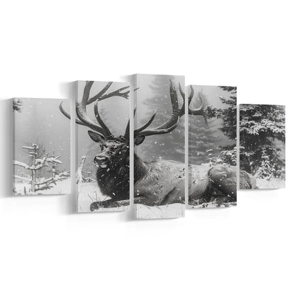 White snow and Elk With Antlers Winter Art, Canvas Art Decor Print, Painting Art, Mixed Panels Canvas Print Wall Art