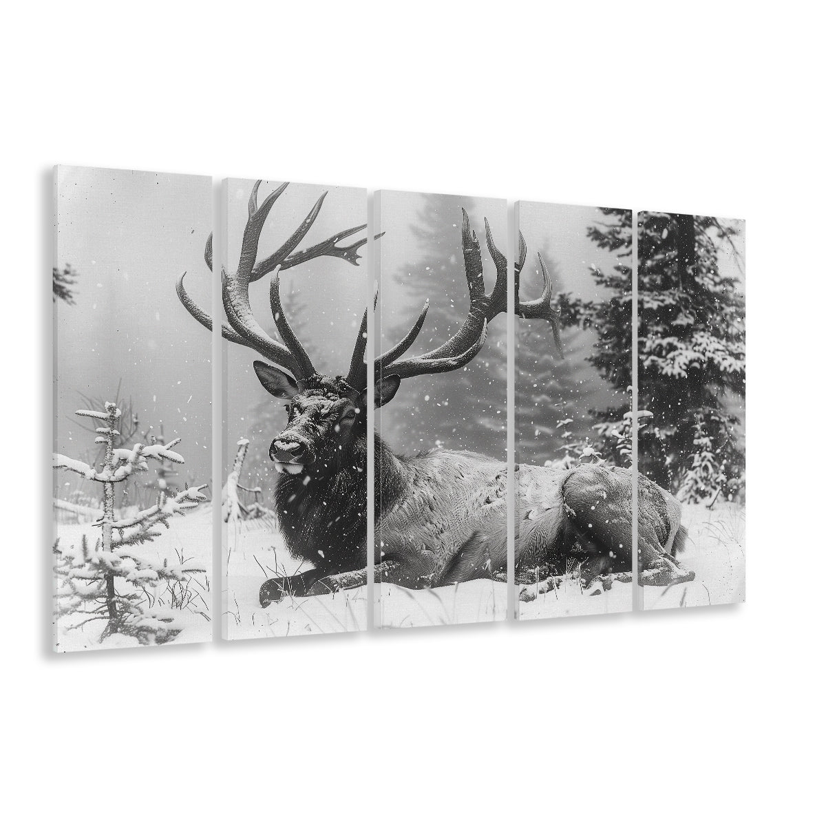 White snow and Elk With Antlers Winter Art, Canvas Art Print, Painting Art, Multi Panels Canvas Print Wall Art