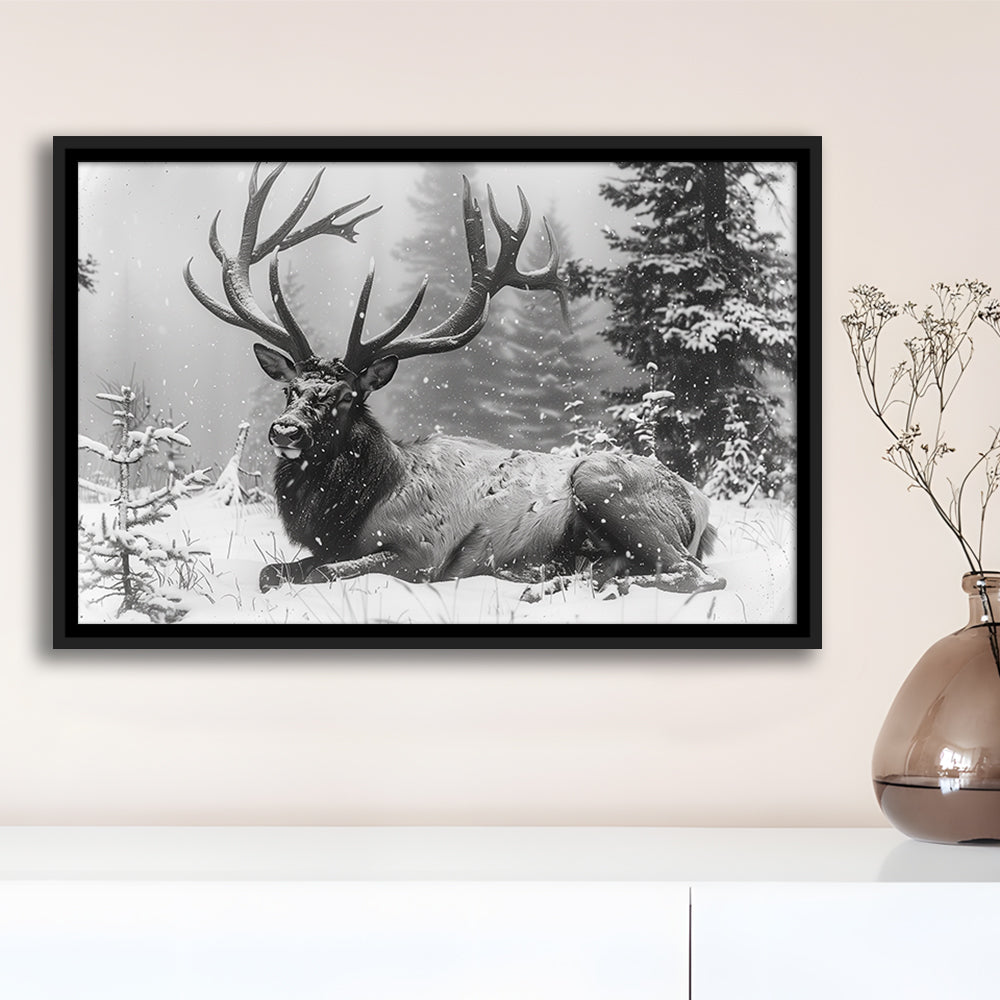 White snow and Elk With Antlers Winter Art, Framed Canvas Print, Painting Art, Floating Framed Canvas Print Wall Art