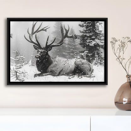 White snow and Elk With Antlers Winter Art, Framed Canvas Print, Painting Art, Floating Framed Canvas Print Wall Art