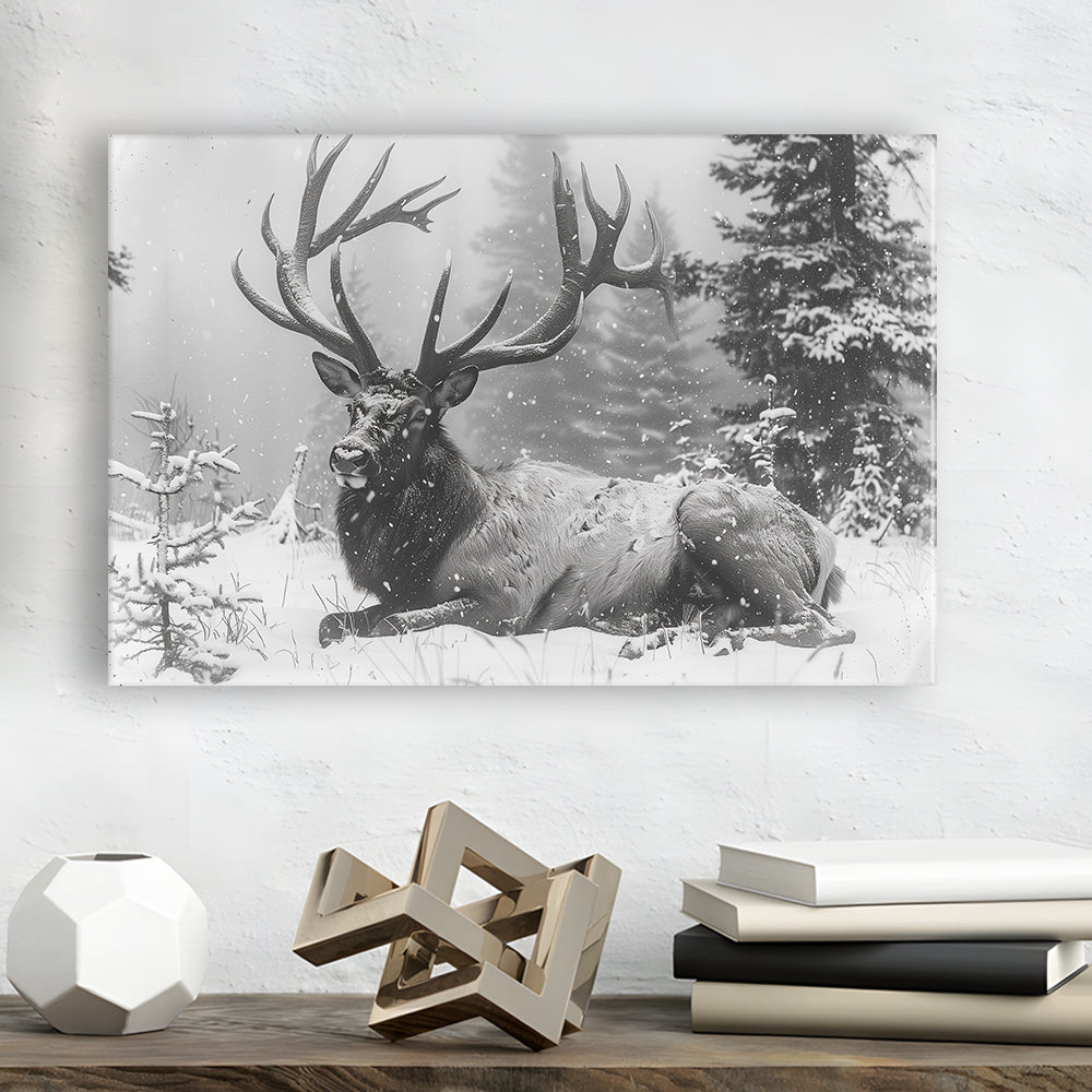 White snow and Elk With Antlers Winter Art, Canvas Art Decor Print, Painting Art, Canvas Print Wall Art Home Decor