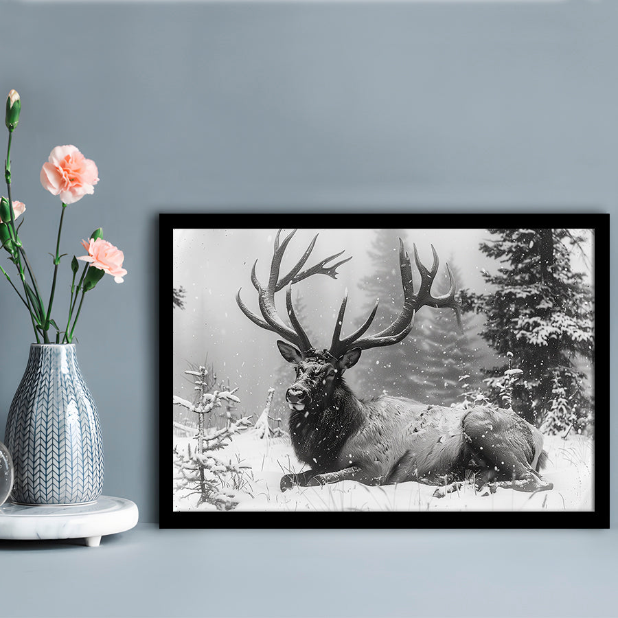 White snow and Elk With Antlers Winter Art, Framed  Print, Painting Art, Framed Art Print Wall Decor, Framed Picture
