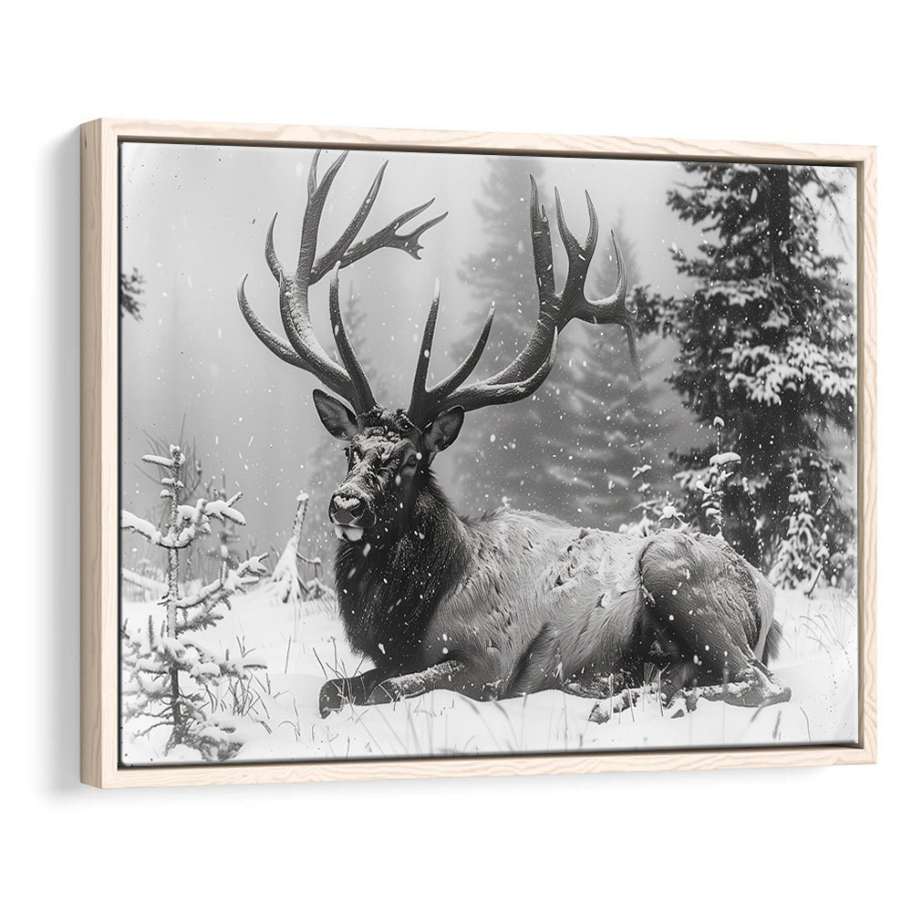 White snow and Elk With Antlers Winter Art, Framed Canvas Print, Painting Art, Floating Framed Canvas Print Wall Art