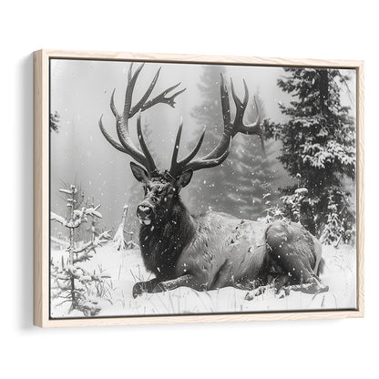 White snow and Elk With Antlers Winter Art, Framed Canvas Print, Painting Art, Floating Framed Canvas Print Wall Art