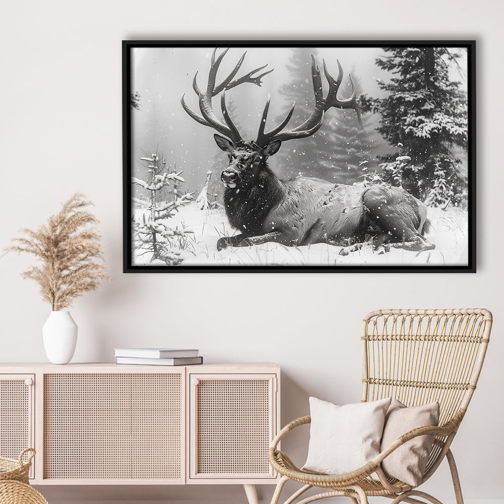 White snow and Elk With Antlers Winter Art, Framed Canvas Print, Painting Art, Floating Framed Canvas Print Wall Art