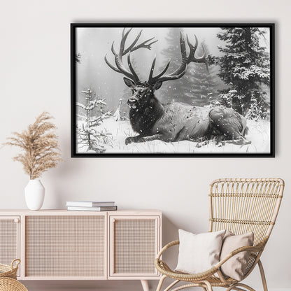 White snow and Elk With Antlers Winter Art, Framed Canvas Print, Painting Art, Floating Framed Canvas Print Wall Art