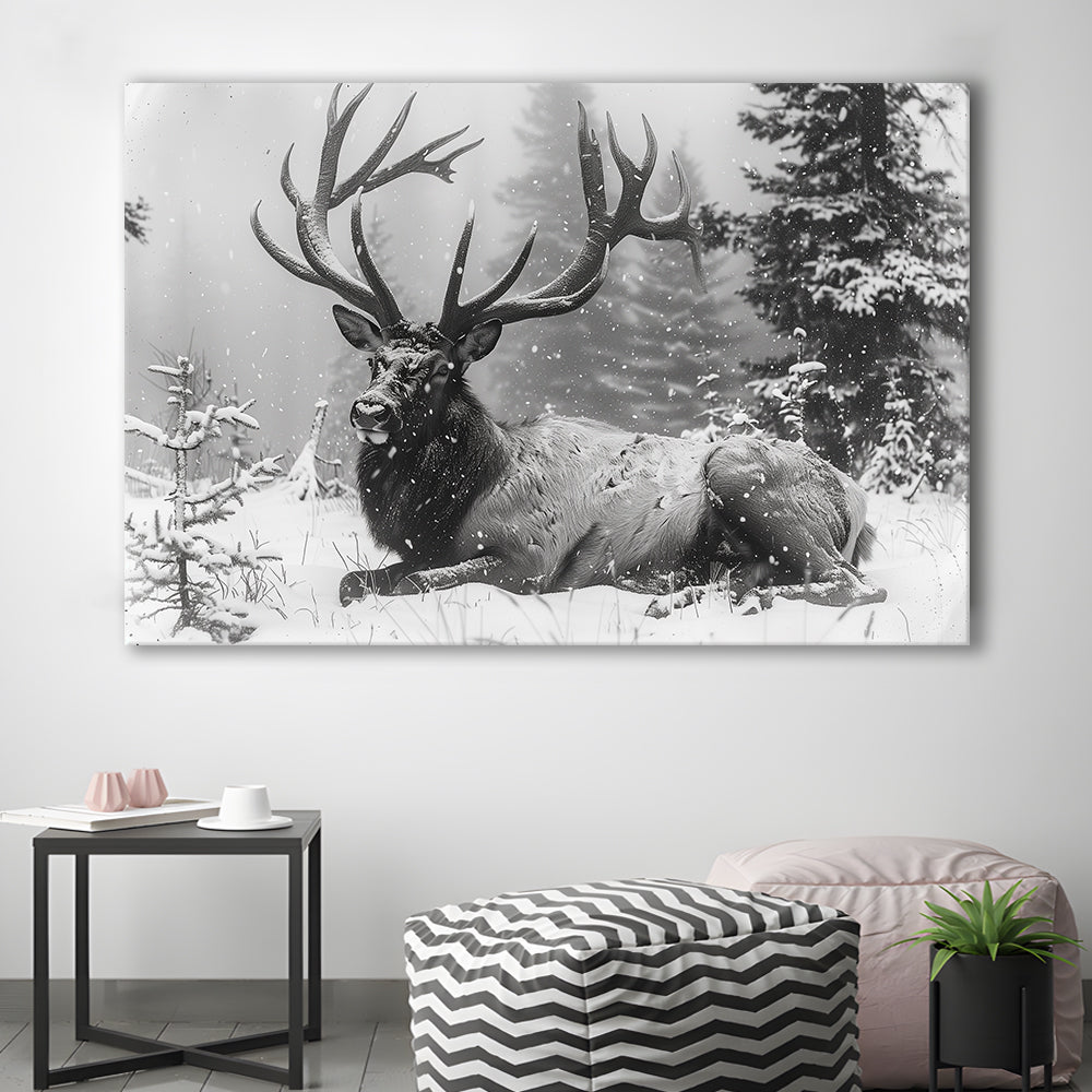 White snow and Elk With Antlers Winter Art, Canvas Art Decor Print, Painting Art, Canvas Print Wall Art Home Decor