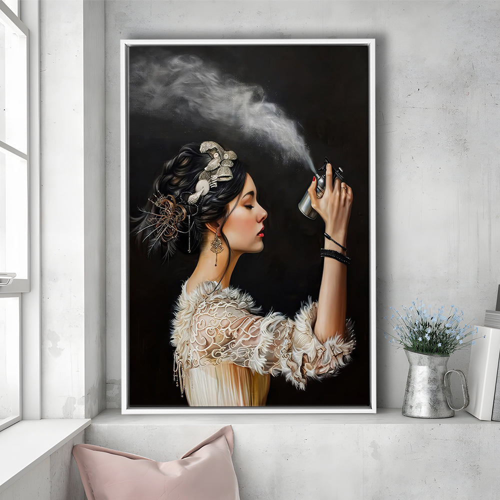 Stinky Bathroom Art Print Vintage Woman Funny Toilet Humor Amusing, Framed Canvas Print Wall Art, Floating Frame