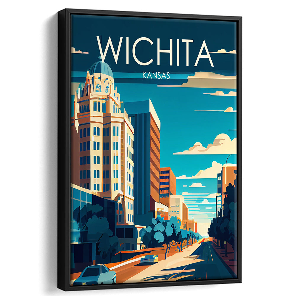 Wichita Kansas Retro Art Print, Wichita City Wall Art, Floating Framed Canvas Print, Framed Picture, Painting Canvas