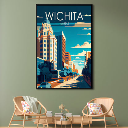Wichita Kansas Retro Art Print, Wichita City Wall Art, Floating Framed Canvas Print, Framed Picture, Painting Canvas