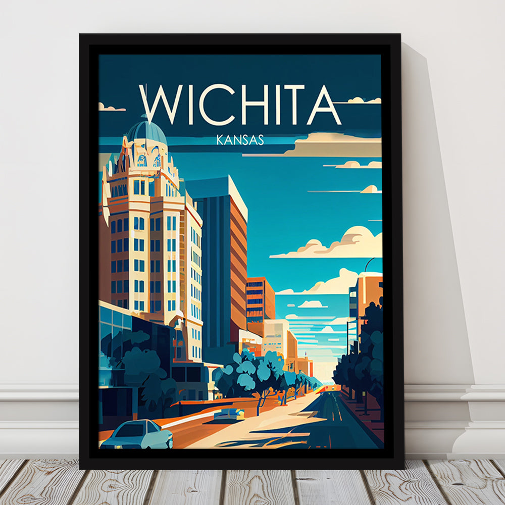 Wichita Kansas Retro Art Print, Wichita City Wall Art, Floating Framed Canvas Print, Framed Picture, Painting Canvas