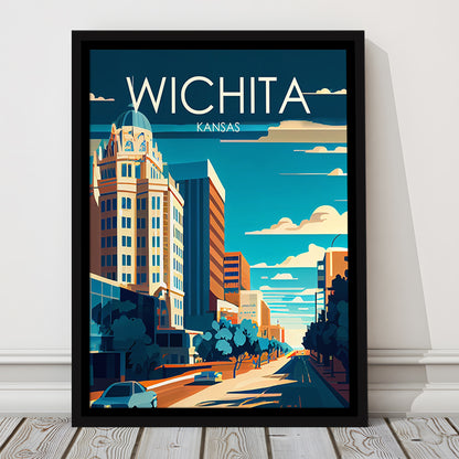 Wichita Kansas Retro Art Print, Wichita City Wall Art, Floating Framed Canvas Print, Framed Picture, Painting Canvas
