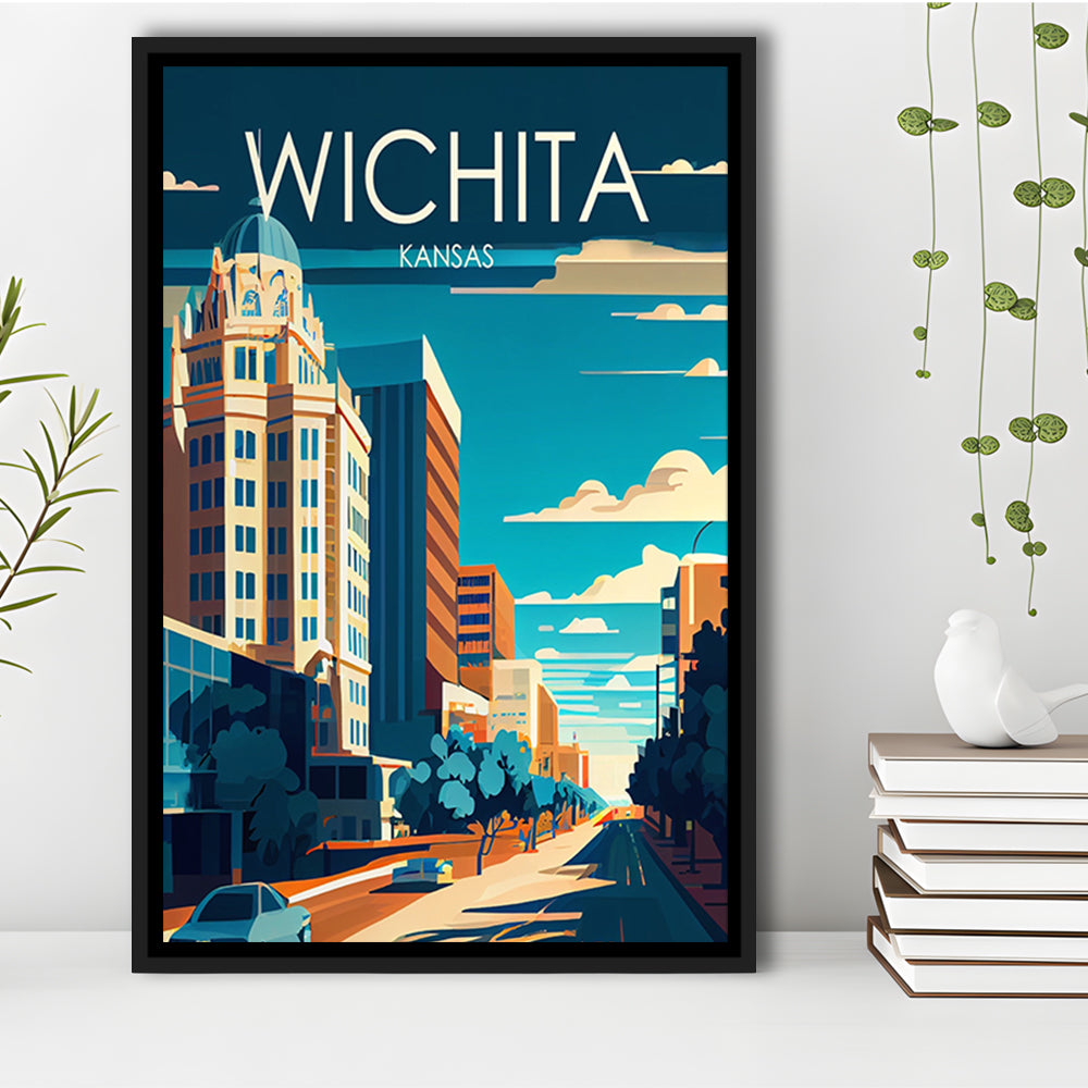 Wichita Kansas Retro Art Print, Wichita City Wall Art, Floating Framed Canvas Print, Framed Picture, Painting Canvas
