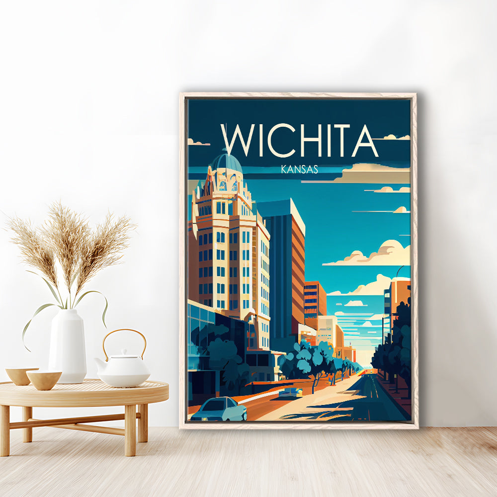Wichita Kansas Retro Art Print, Wichita City Wall Art, Floating Framed Canvas Print, Framed Picture, Painting Canvas