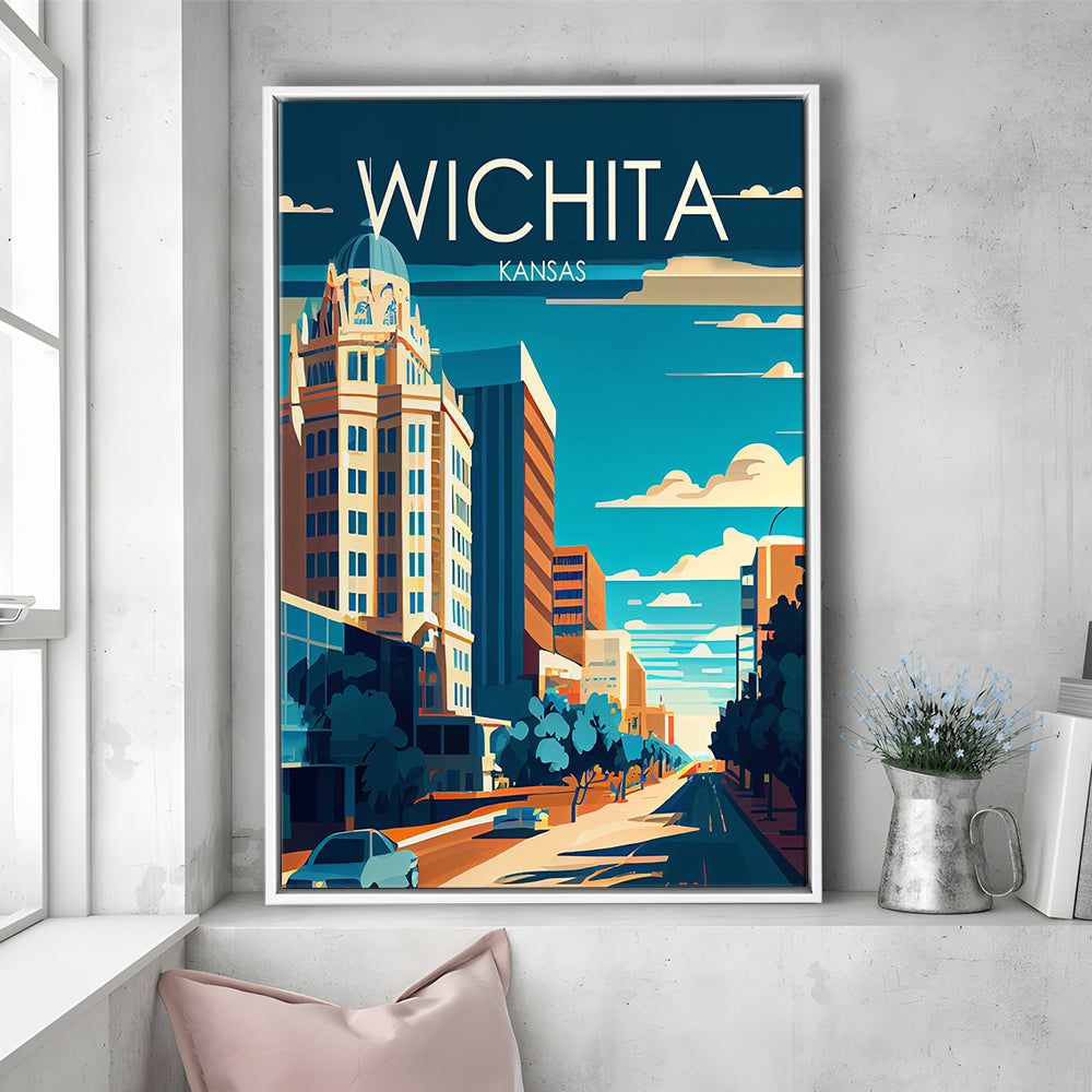 Wichita Kansas Retro Art Print, Wichita City Wall Art, Floating Framed Canvas Print, Framed Picture, Painting Canvas