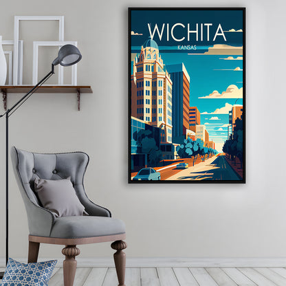 Wichita Kansas Retro Art Print, Wichita City Wall Art, Floating Framed Canvas Print, Framed Picture, Painting Canvas