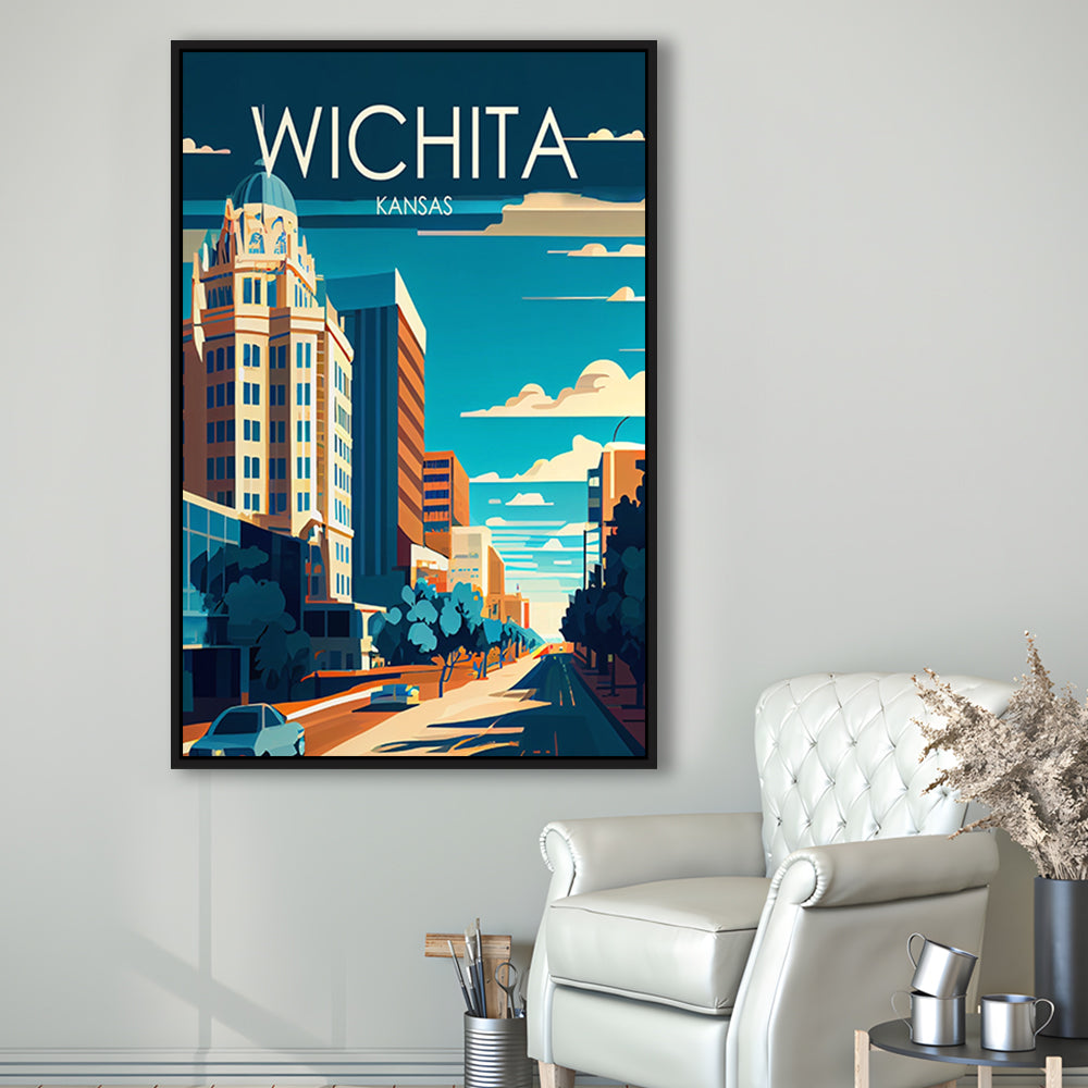Wichita Kansas Retro Art Print, Wichita City Wall Art, Floating Framed Canvas Print, Framed Picture, Painting Canvas