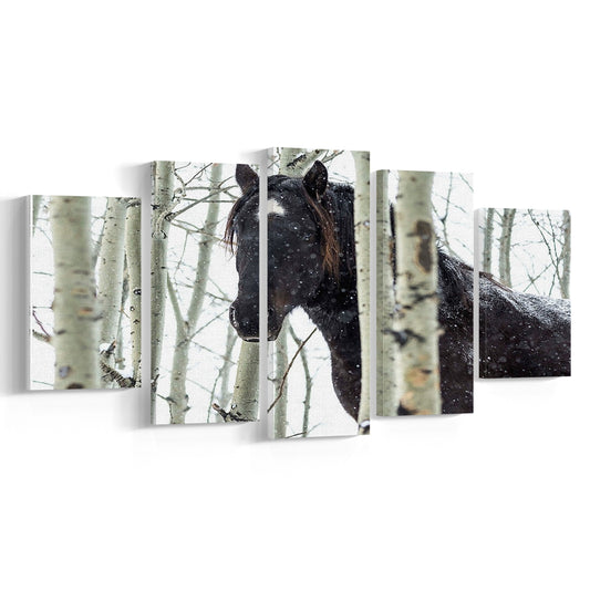 Wild horse in a snowstorm, Turner Valley, Alberta, Canada Wall Art, 5 Piece Large Cavas Print Wall Art