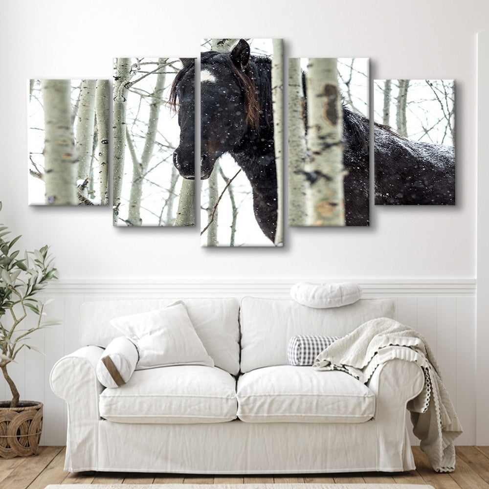 Wild horse in a snowstorm, Turner Valley, Alberta, Canada Wall Art, 5 Piece Large Cavas Print Wall Art
