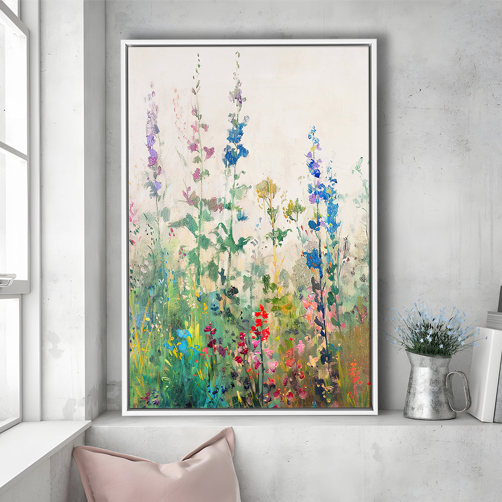 Wildflowers Field Landscape Art Print Vintage Print Living Room, Framed Canvas Print Wall Art, Floating Frame