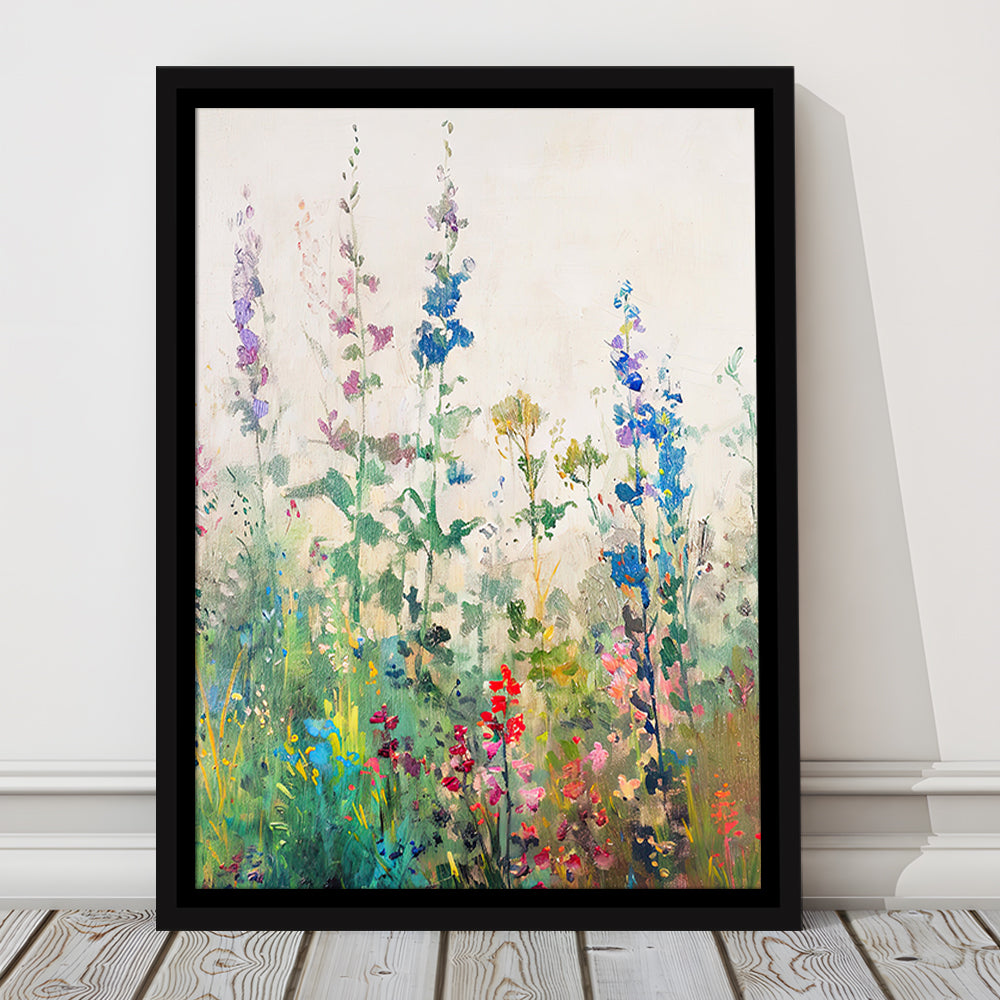 Wildflowers Field Landscape Art Print Vintage Print Living Room, Framed Canvas Print Wall Art, Floating Frame