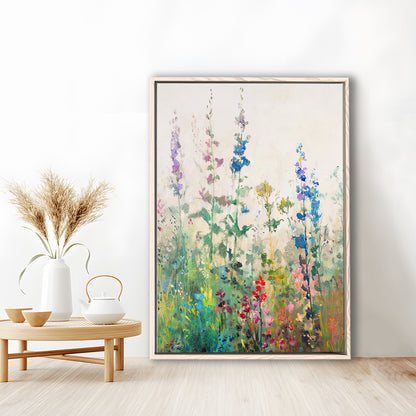 Wildflowers Field Landscape Art Print Vintage Print Living Room, Framed Canvas Print Wall Art, Floating Frame