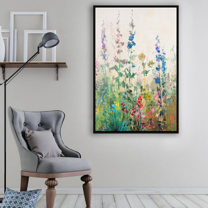 Wildflowers Field Landscape Art Print Vintage Print Living Room, Framed Canvas Print Wall Art, Floating Frame