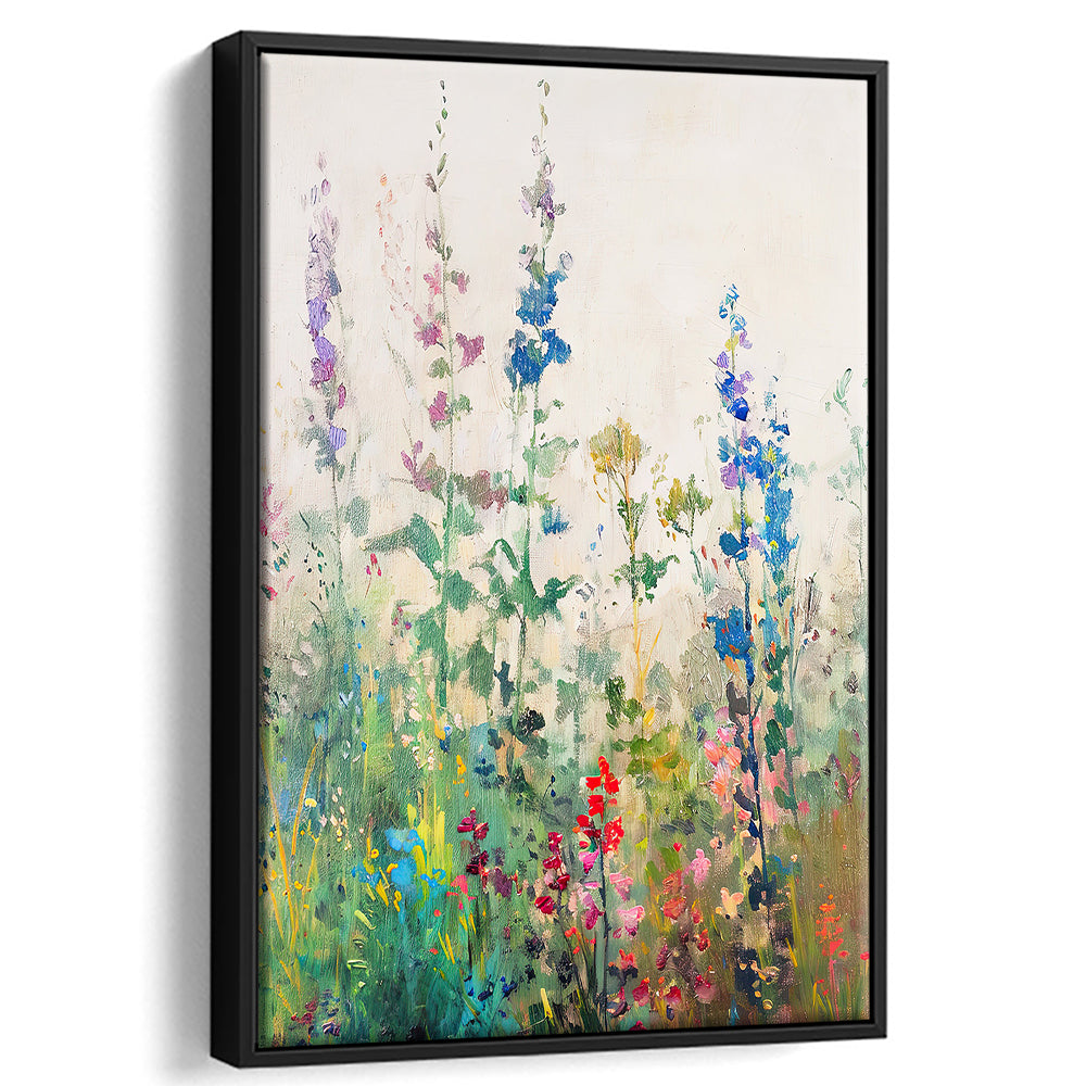 Wildflowers Field Landscape Art Print Vintage Print Living Room, Framed Canvas Print Wall Art, Floating Frame