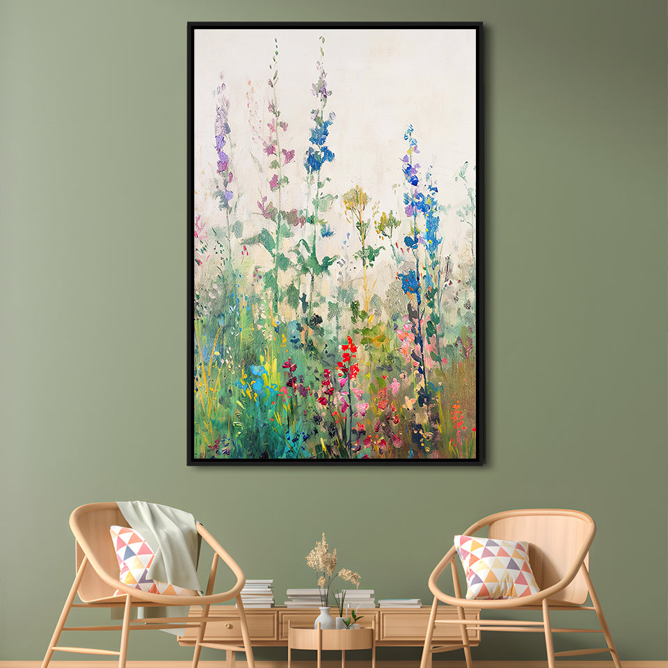 Wildflowers Field Landscape Art Print Vintage Print Living Room, Framed Canvas Print Wall Art, Floating Frame