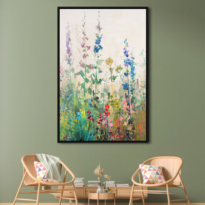 Wildflowers Field Landscape Art Print Vintage Print Living Room, Framed Canvas Print Wall Art, Floating Frame