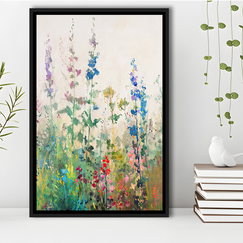 Wildflowers Field Landscape Art Print Vintage Print Living Room, Framed Canvas Print Wall Art, Floating Frame