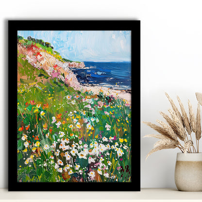 Wildflowers by the Sea Art Print Vintage Oil Painting, Framed Art Print Wall Decor, Picture Framed