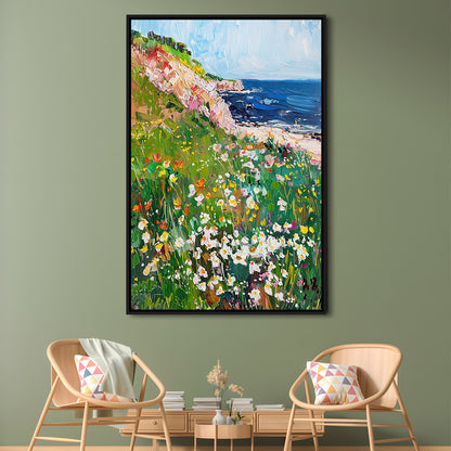 Wildflowers by the Sea Art Print Vintage Oil Painting, Framed Canvas Print Wall Art, Floating Frame