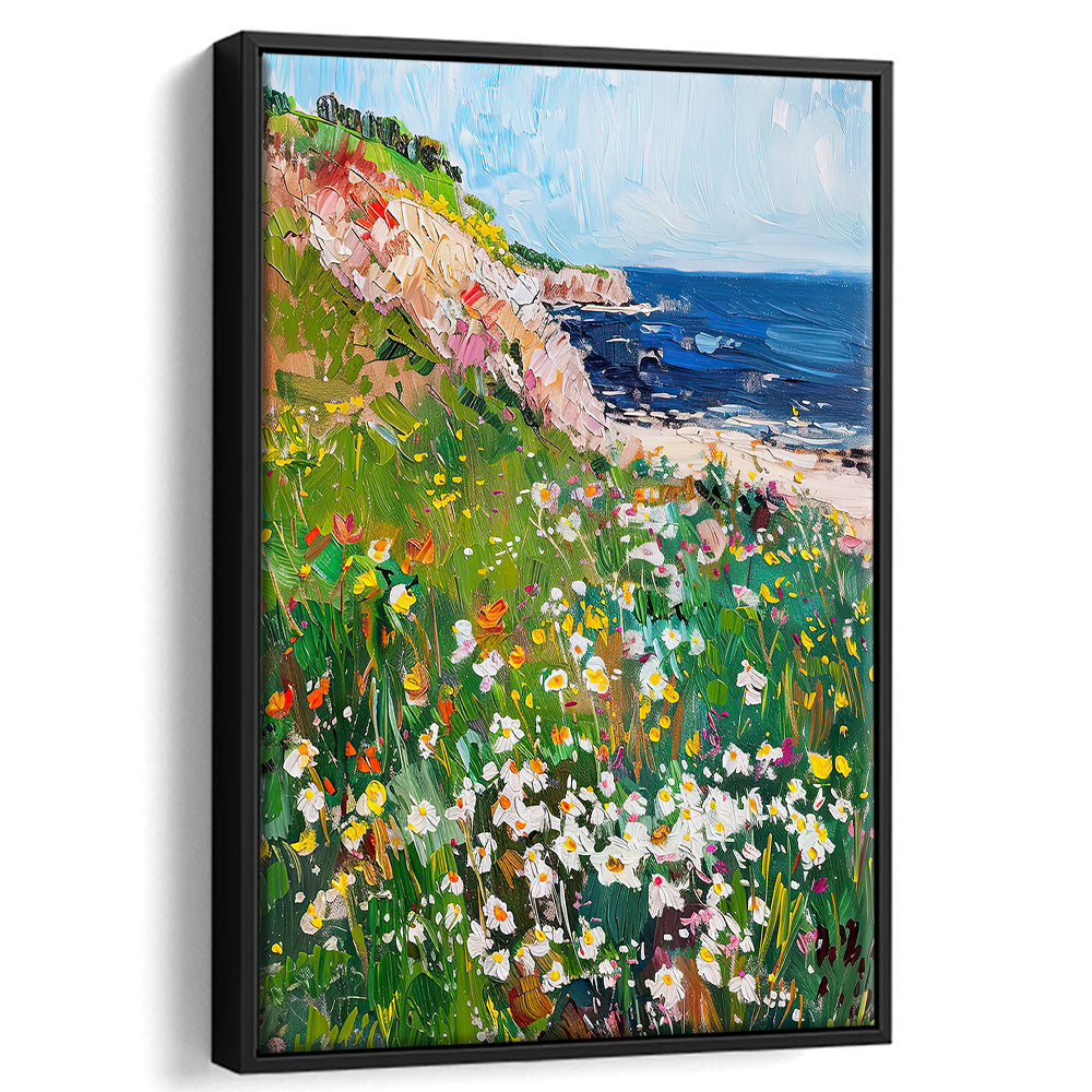 Wildflowers by the Sea Art Print Vintage Oil Painting, Framed Canvas Print Wall Art, Floating Frame