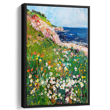 Wildflowers by the Sea Art Print Vintage Oil Painting, Framed Canvas Print Wall Art, Floating Frame