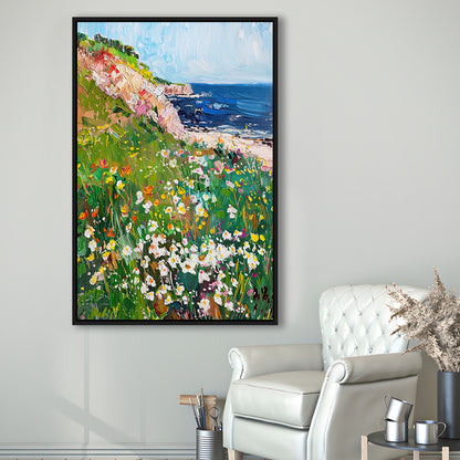 Wildflowers by the Sea Art Print Vintage Oil Painting, Framed Canvas Print Wall Art, Floating Frame