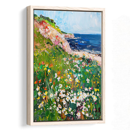 Wildflowers by the Sea Art Print Vintage Oil Painting, Framed Canvas Print Wall Art, Floating Frame