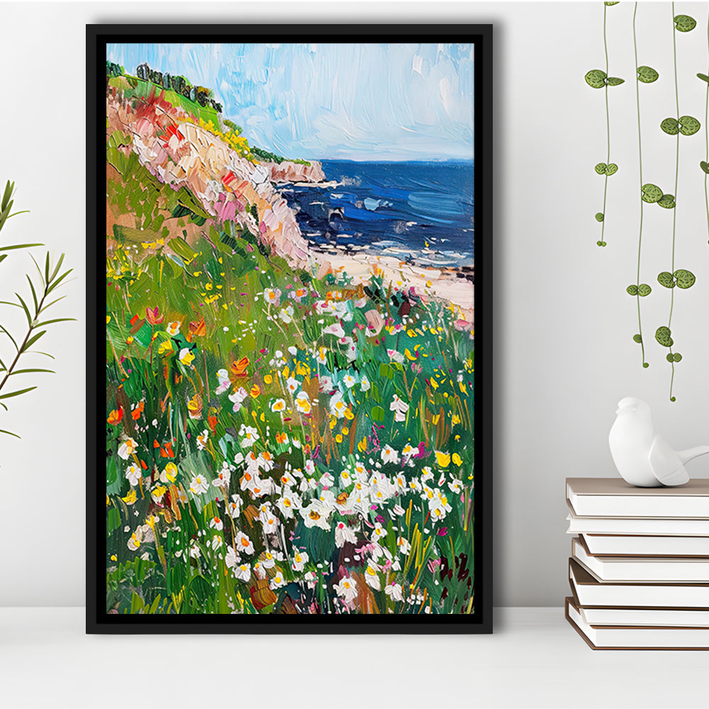 Wildflowers by the Sea Art Print Vintage Oil Painting, Framed Canvas Print Wall Art, Floating Frame