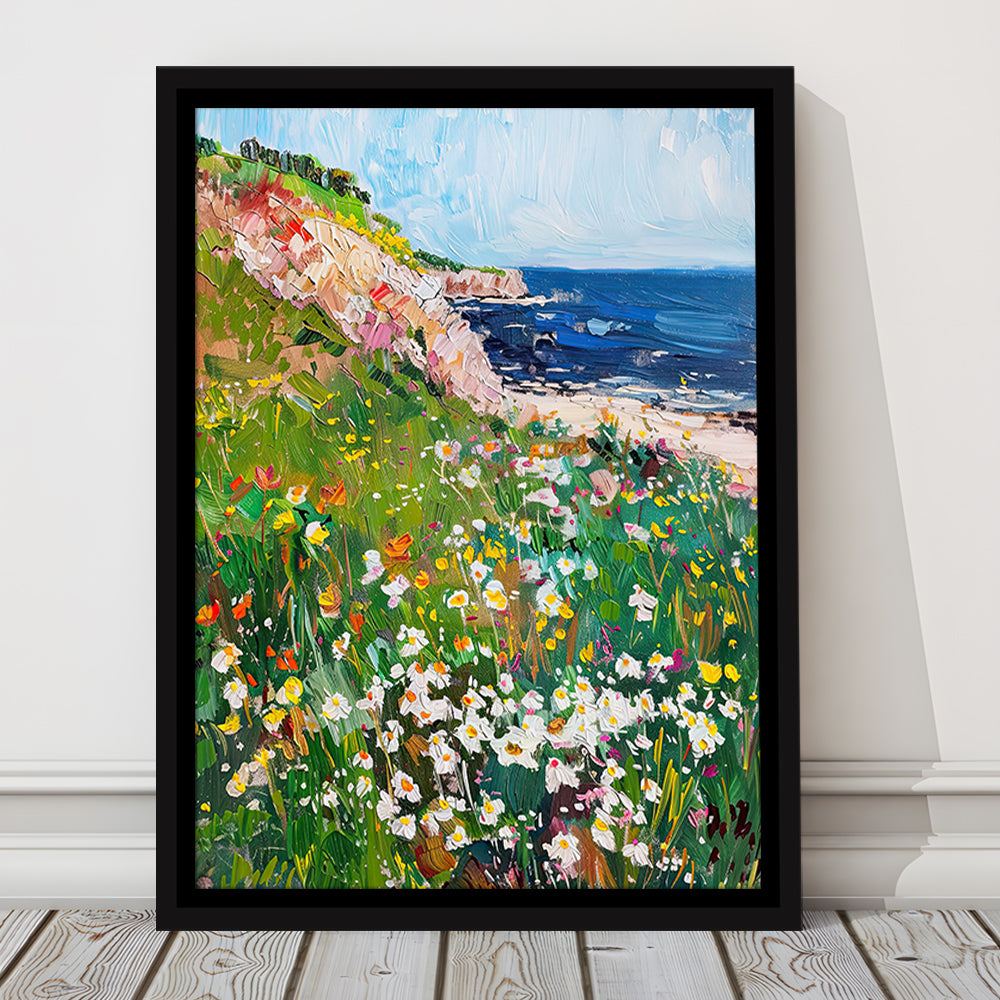 Wildflowers by the Sea Art Print Vintage Oil Painting, Framed Canvas Print Wall Art, Floating Frame