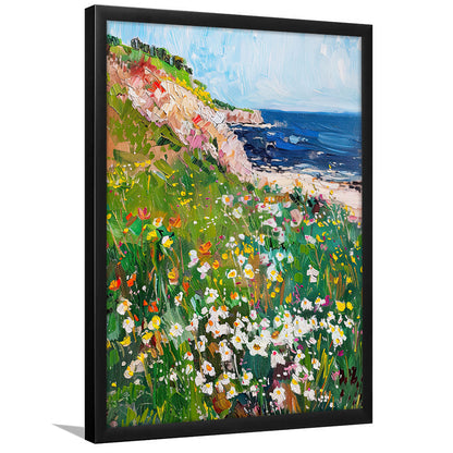 Wildflowers by the Sea Art Print Vintage Oil Painting, Framed Art Print Wall Decor, Picture Framed
