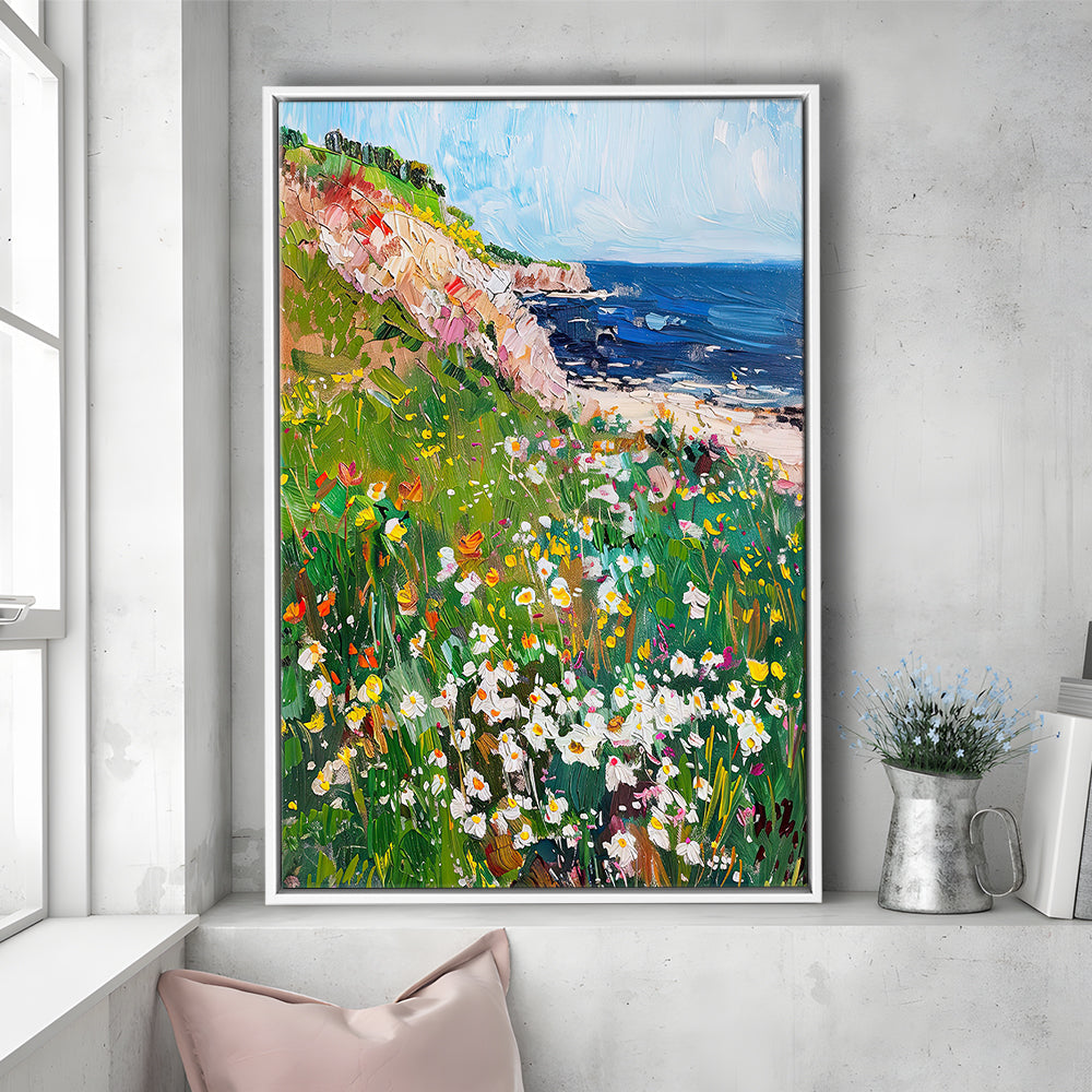 Wildflowers by the Sea Art Print Vintage Oil Painting, Framed Canvas Print Wall Art, Floating Frame