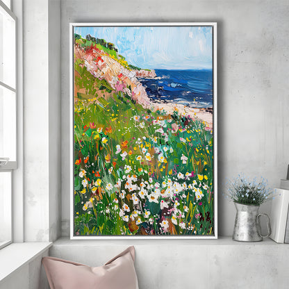 Wildflowers by the Sea Art Print Vintage Oil Painting, Framed Canvas Print Wall Art, Floating Frame