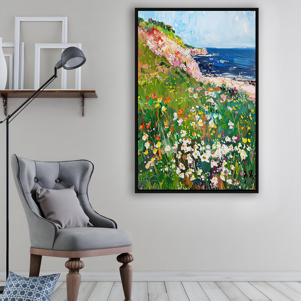 Wildflowers by the Sea Art Print Vintage Oil Painting, Framed Canvas Print Wall Art, Floating Frame