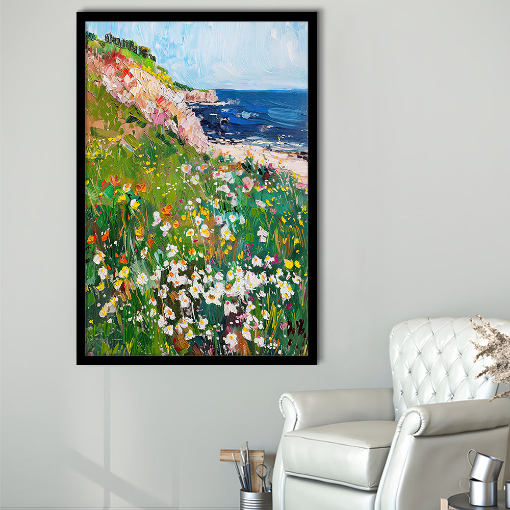 Wildflowers by the Sea Art Print Vintage Oil Painting, Framed Art Print Wall Decor, Picture Framed