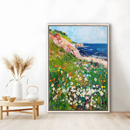 Wildflowers by the Sea Art Print Vintage Oil Painting, Framed Canvas Print Wall Art, Floating Frame